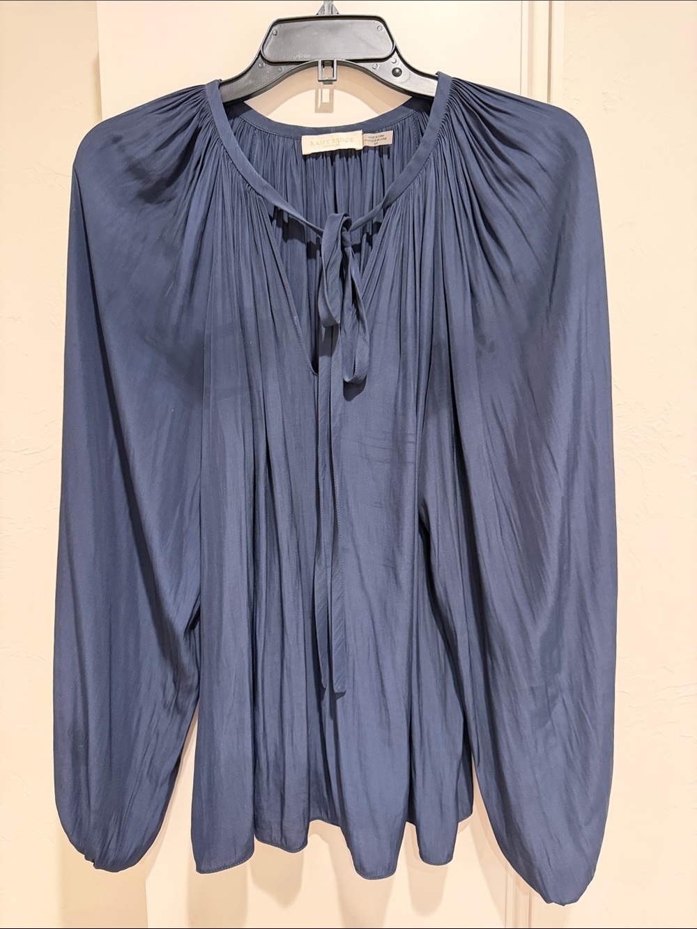 Ramy Brook Slate Blue Tie-Neck Gathered Blouse